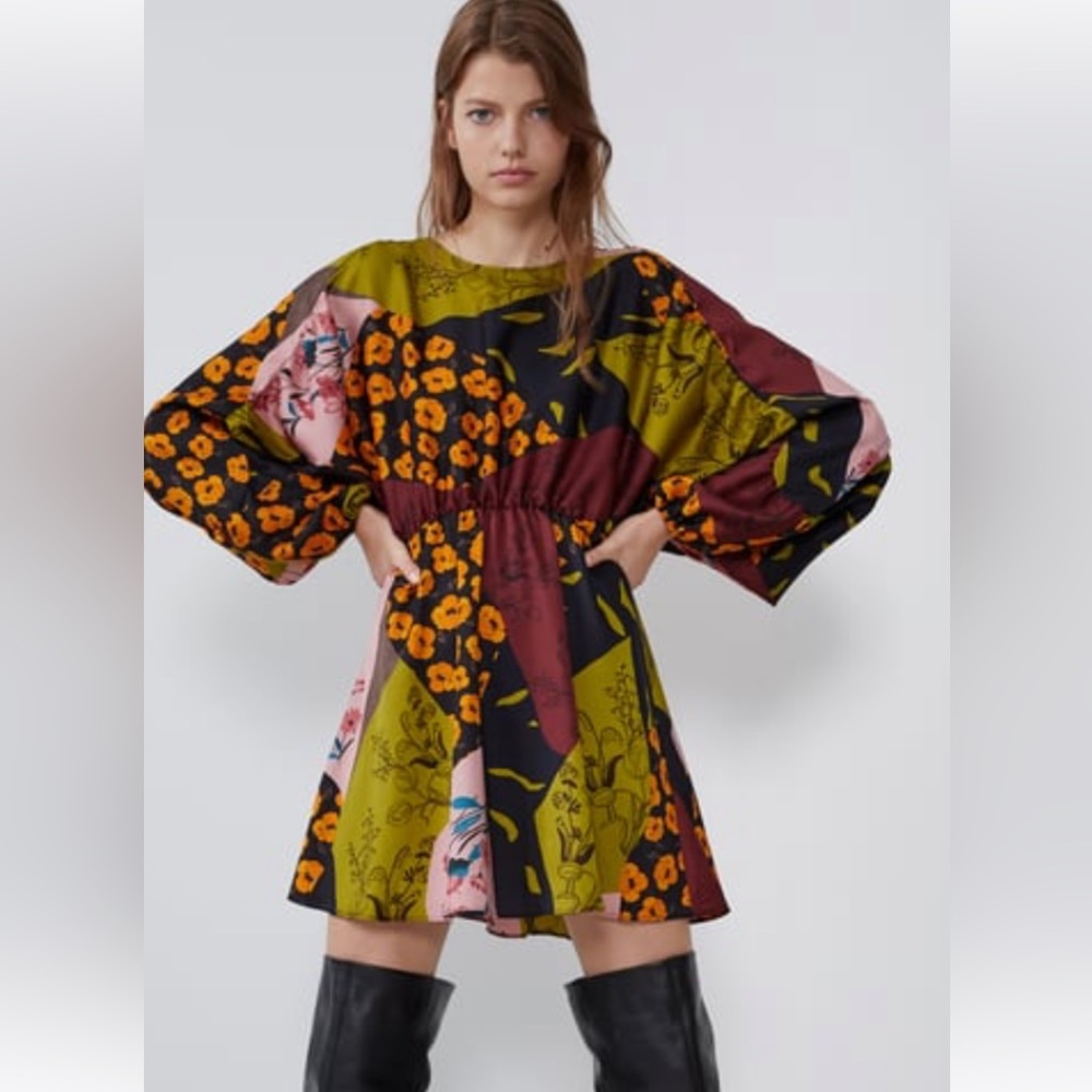 ZARA Women's Floral Bishop Sleeve Blouson Dress Size Medium